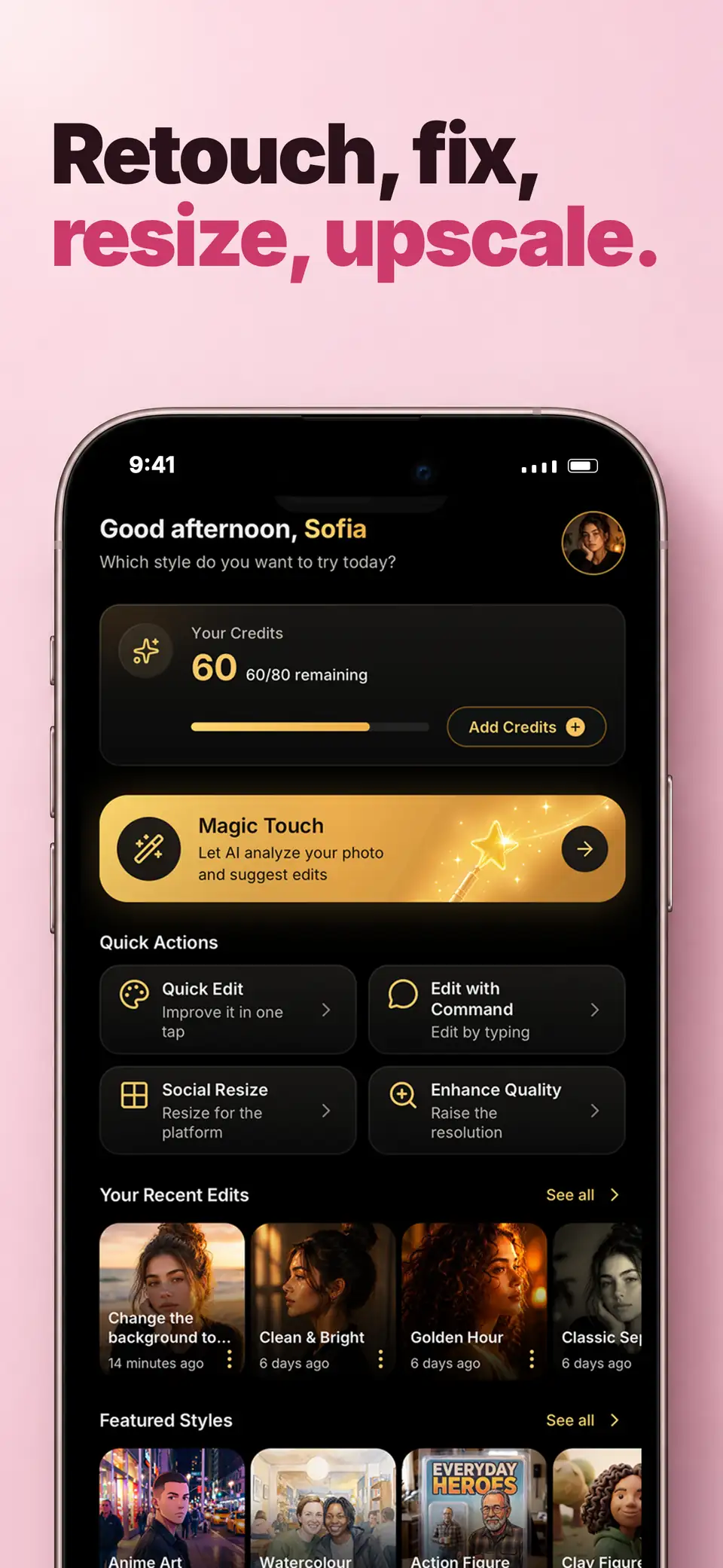The Toneli home screen with credits, Magic Touch, quick actions and recent edits.