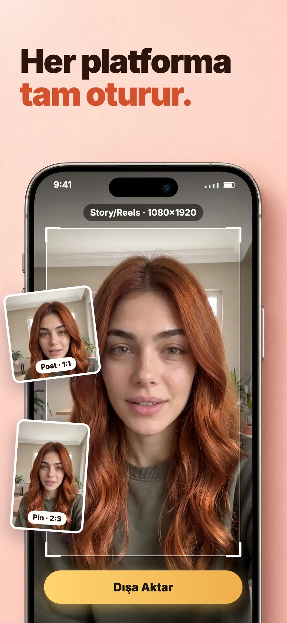 Her platforma tam oturur. Story, Post ve Pin boyutları için çerçevelenmiş bir portre.