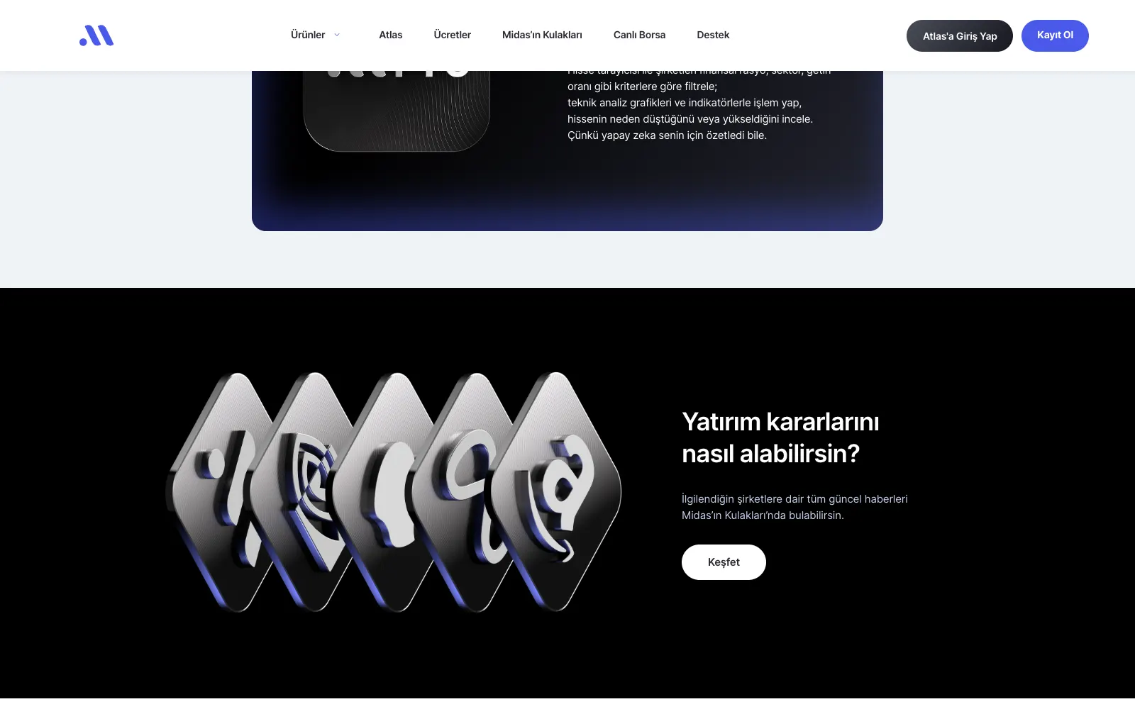 A dark section with three-dimensional icons