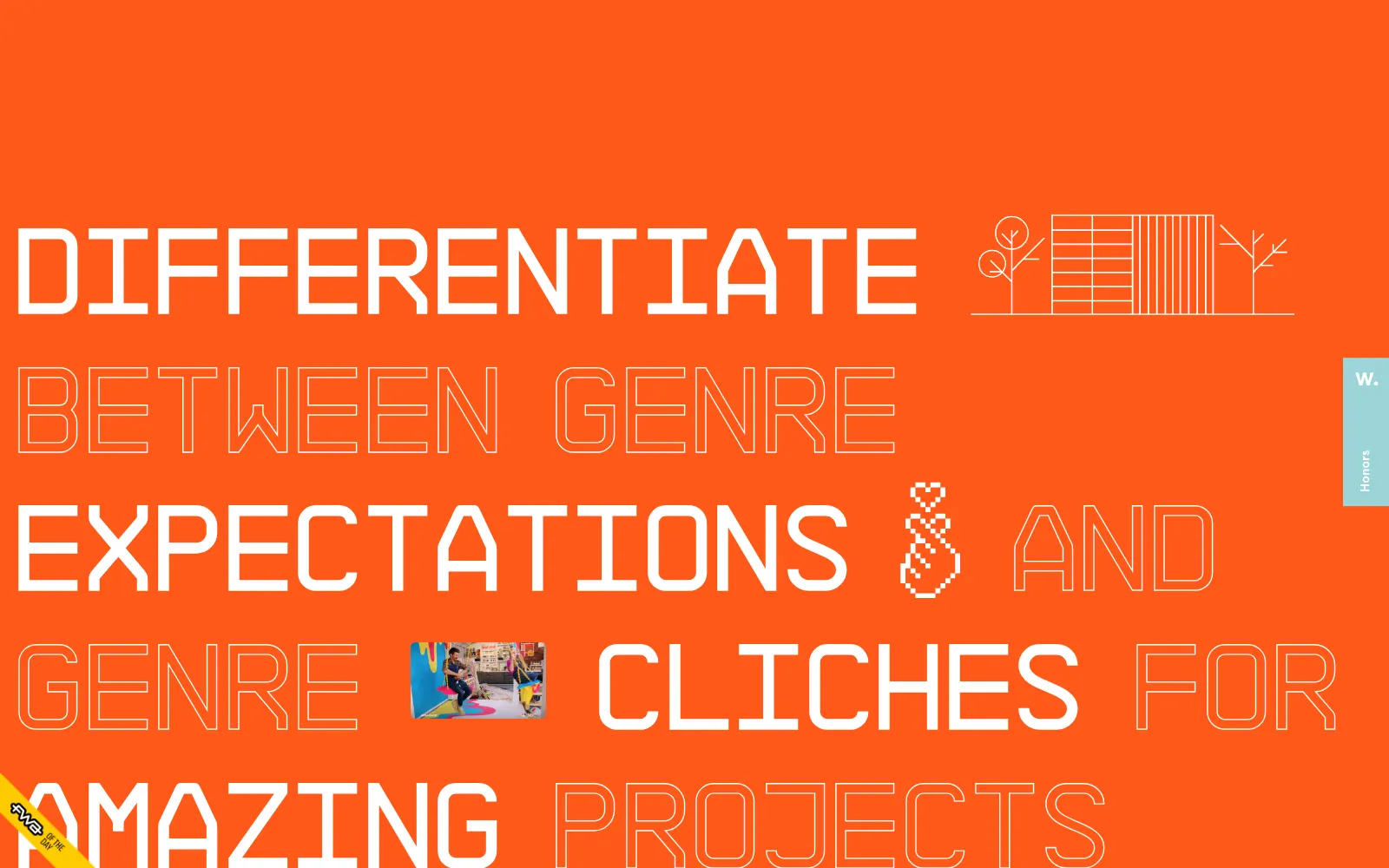 A statement set in outlined and filled type on orange